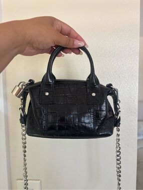 Nunoo Black Croc-Embossed Mini Satchel with Silver Chain